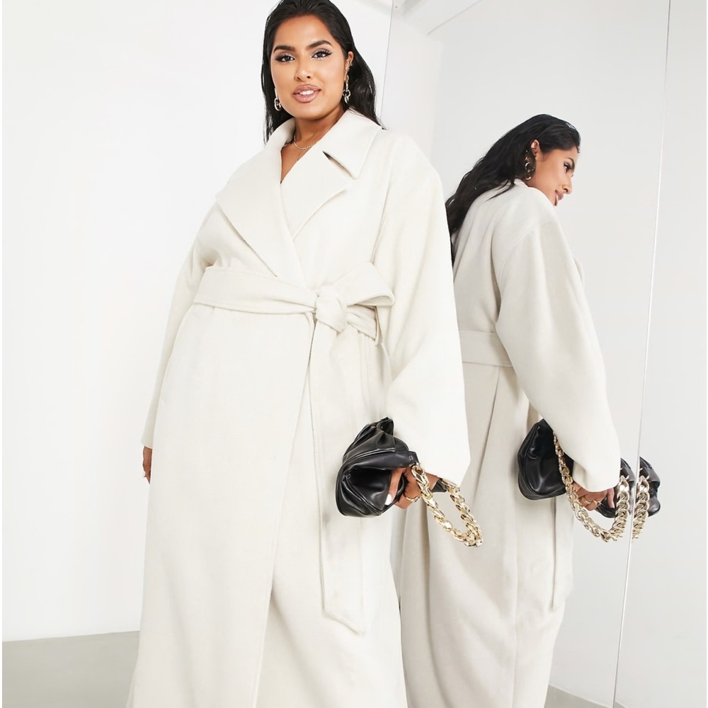 ASOS EDITION curve belted longline wool mix coat in Creme size 20